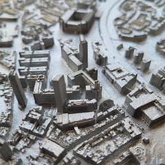 Additionele close up van Urban Rescape 3D stadskaart van de wijk Eindhoven Centrum in de kleur zilver. Deze poster is in ieder interieur de Ideaale decoratie voor aan de muur.